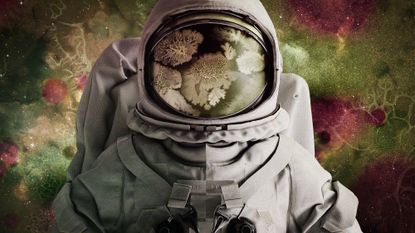 Illustration of an astronaut in a spacesuit covered with bacterial culture