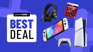 Nintendo Switch OLED, PS5, Turtle Beach Atlas Air, and Spider-Man 2 on a blue background with best deals badge