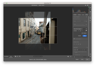 Screenshot of an image of a tram in Lisbon being cropped using Adobe Camera Raw software