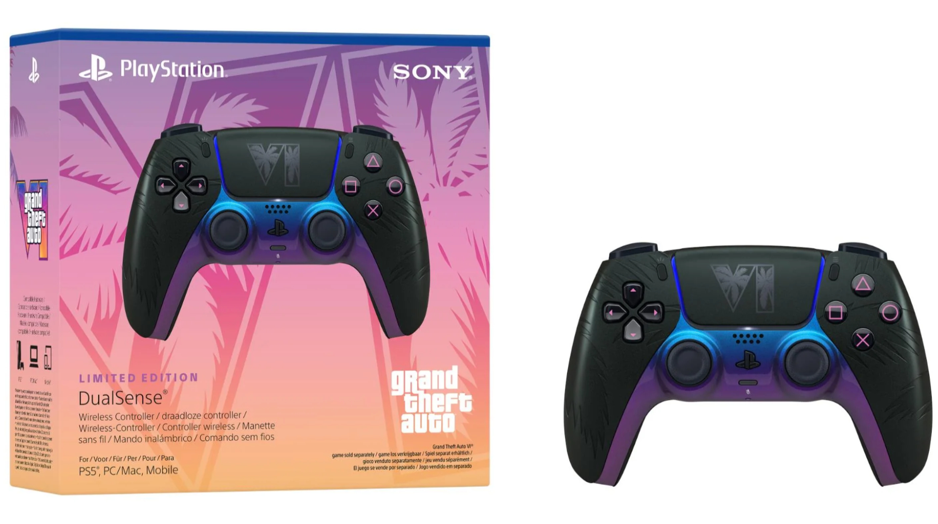 Retail packaging and profile shot of the black GTA 6 PS5 controller