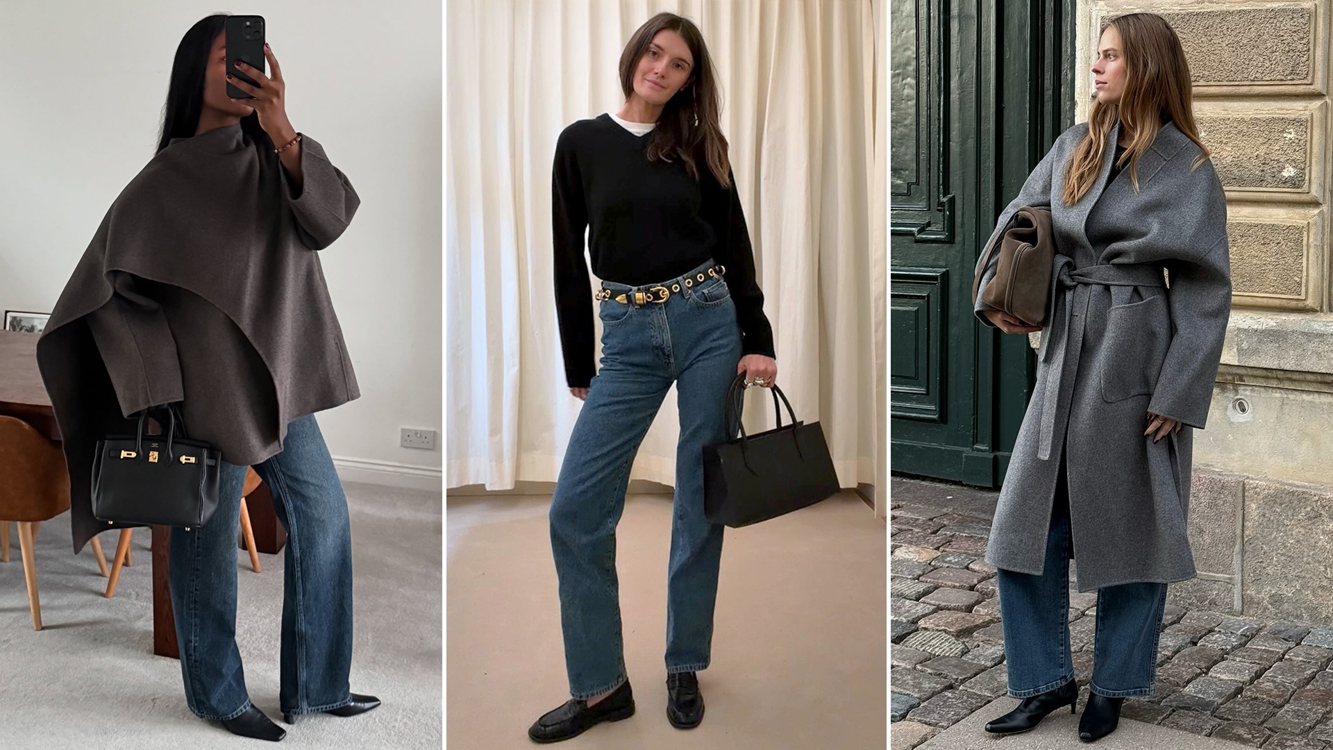 fashion collage of three style influencers including Marilyn Nwawulor Kazemaks, Coco Schiffer, and Clara Dyrhauge wearing chic 2026 trends like scarf coats, V-neck sweaters, bootcut jeans, and kitten-heel boots