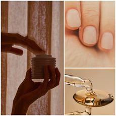 hands pictured close up being treated with cuticle oils and creams