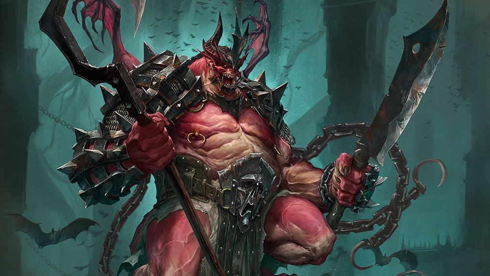 Digital art showing a demon with a sword and a staff