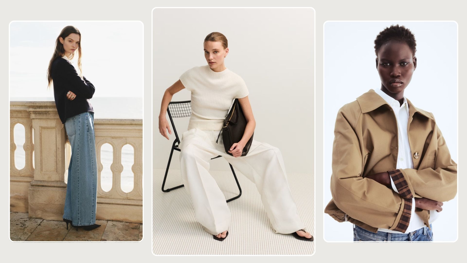 Model wears jumper and blue jeans; model wears white knit top and white trousers; model wears trench coat and white shirt