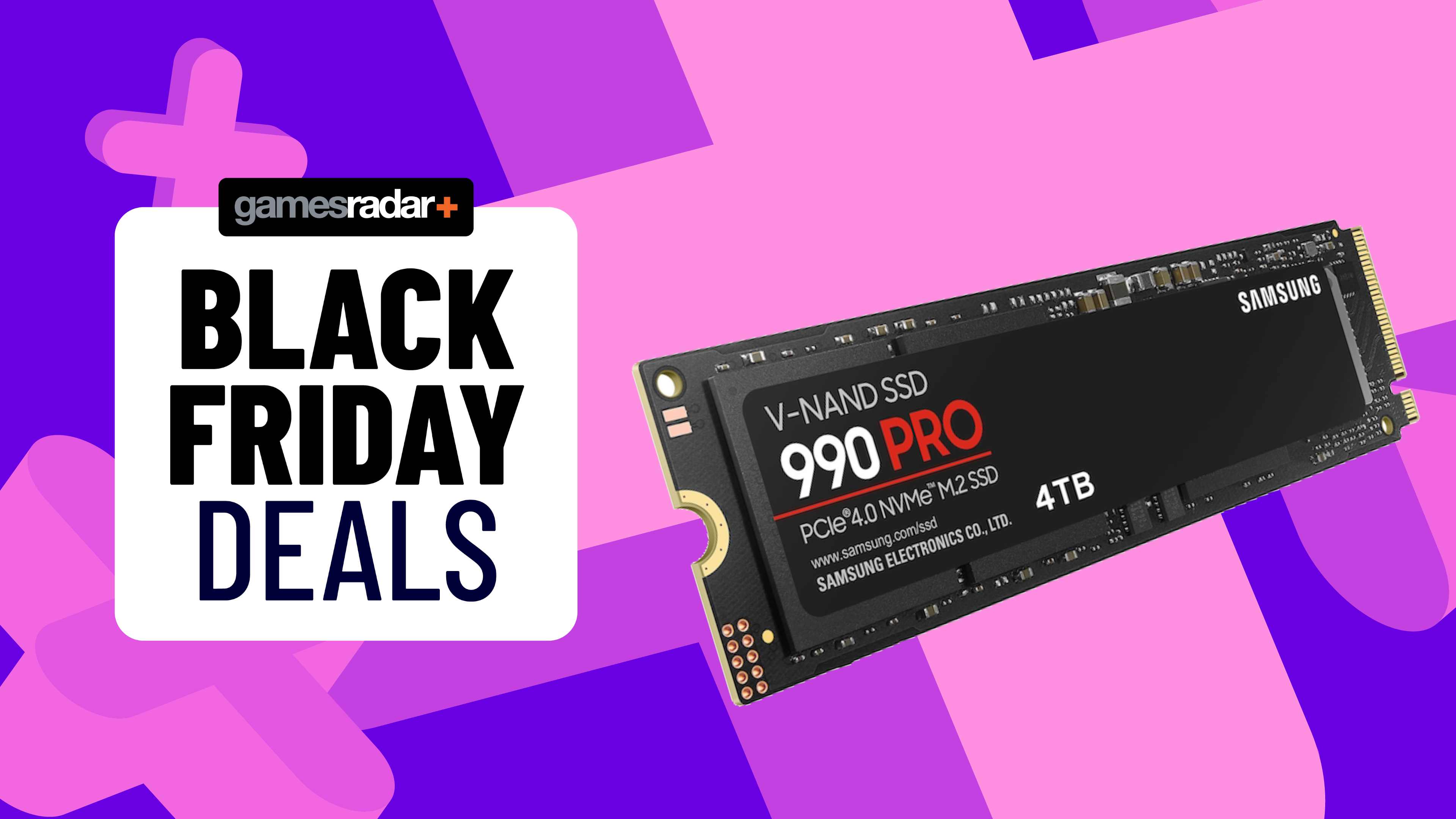 The Samsung 990 Pro SSD next to a sign saying &#039;Black Friday deals&#039;.