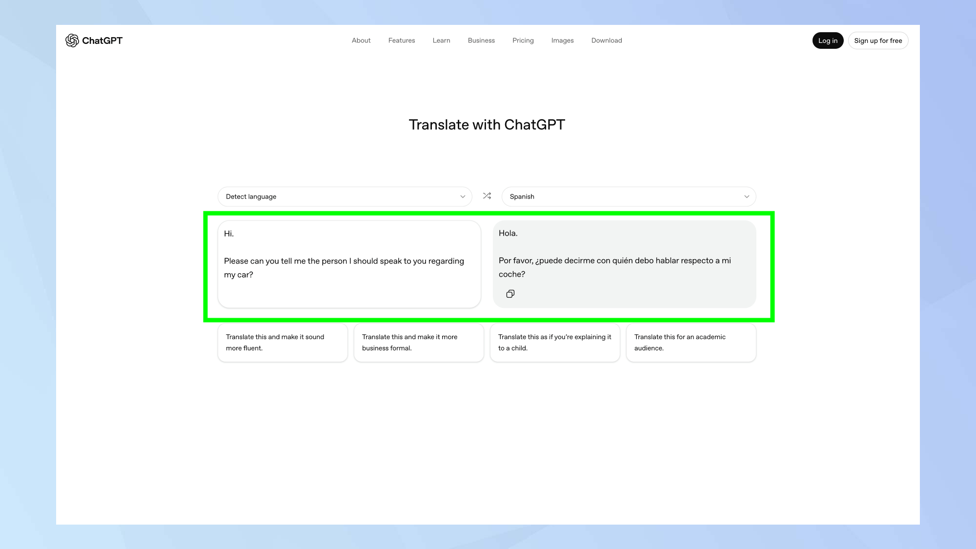 ChatGPT Translate output