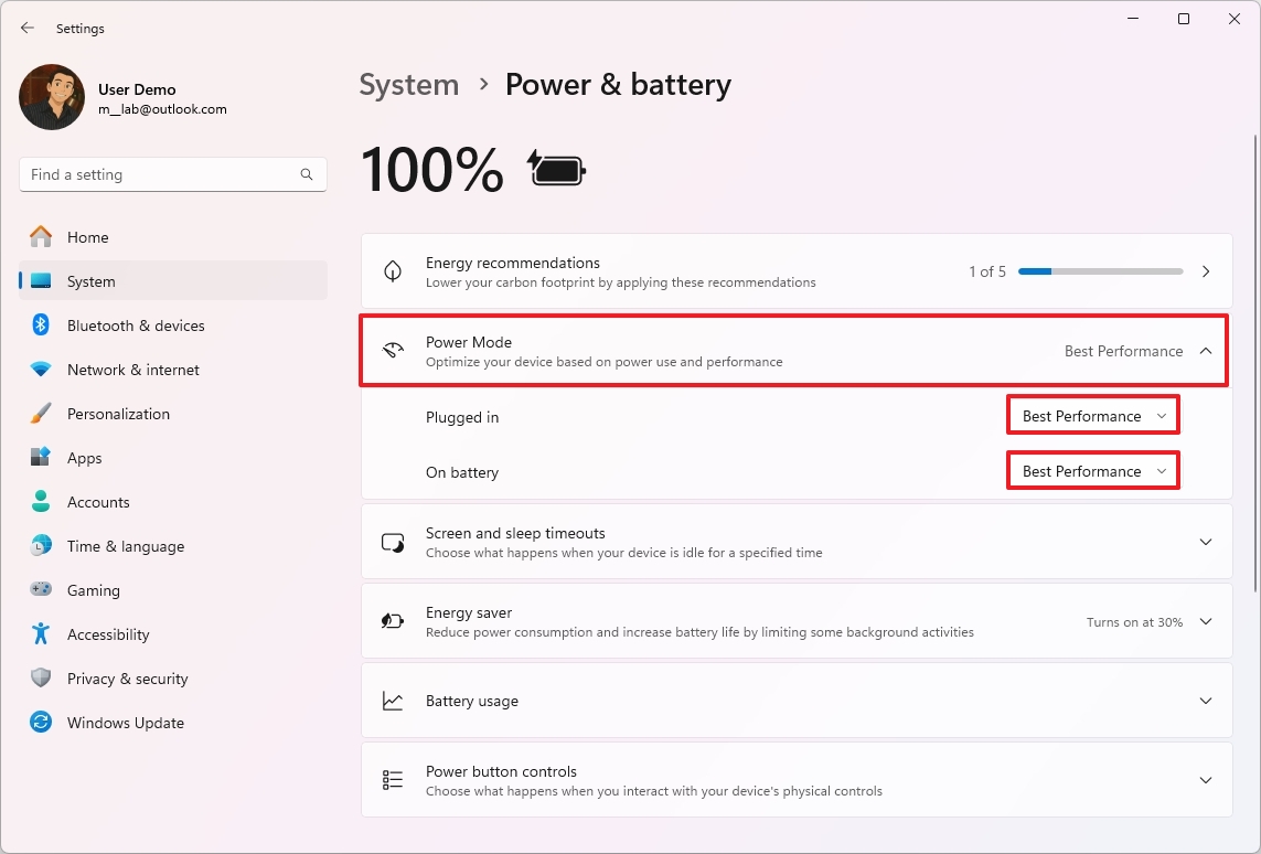 Change power mode to best performance