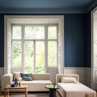Blue living room with large window