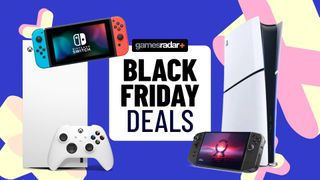 Black Friday deals badge surrounded by PS5 Slim, Nintendo Switch, Lenovo Legion Go, and Xbox Series X with blue and yellow backdrop