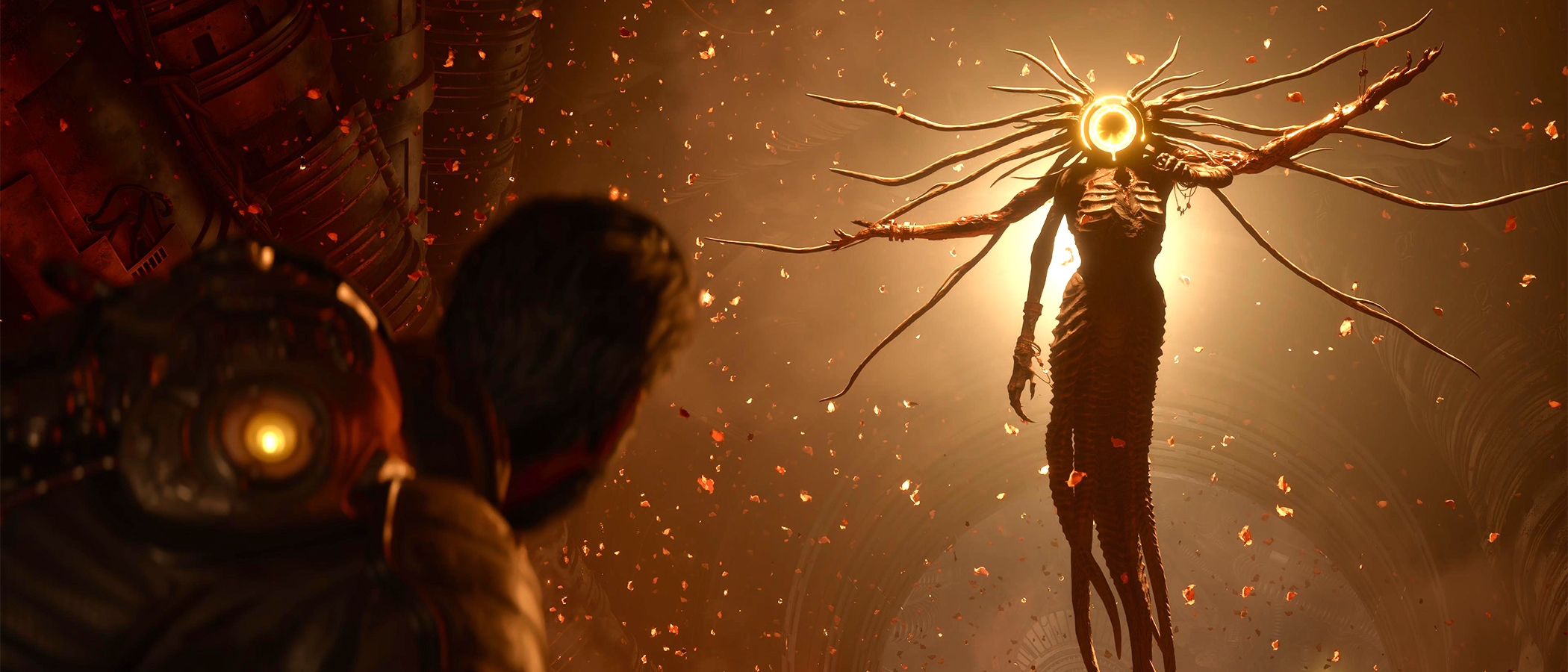 Saros review; a man looks up at an alien