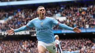 Phil Foden of Manchester City celebrates after scoring his team's first goal during the Premier League match between Manchester City and Newcastle United at the Etihad Stadium on 4 March, 2023 in Manchester, United Kingdom.