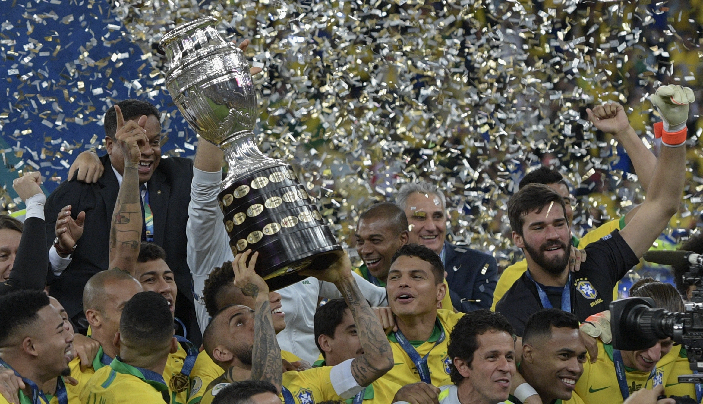 Brazil players celebrate after beating Peru to win the 2019 Copa America final at the Maracana in July 2019.