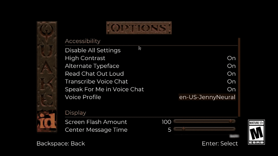 Quake accessibility menu