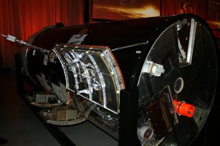 A look at the rear of a KH-7 GAMBIT spy satellite on display at the Smithsonian National Air and Space Museum's Udvar-Hazy Center at Dulles Airport, Va., on Sept. 17, 2011.