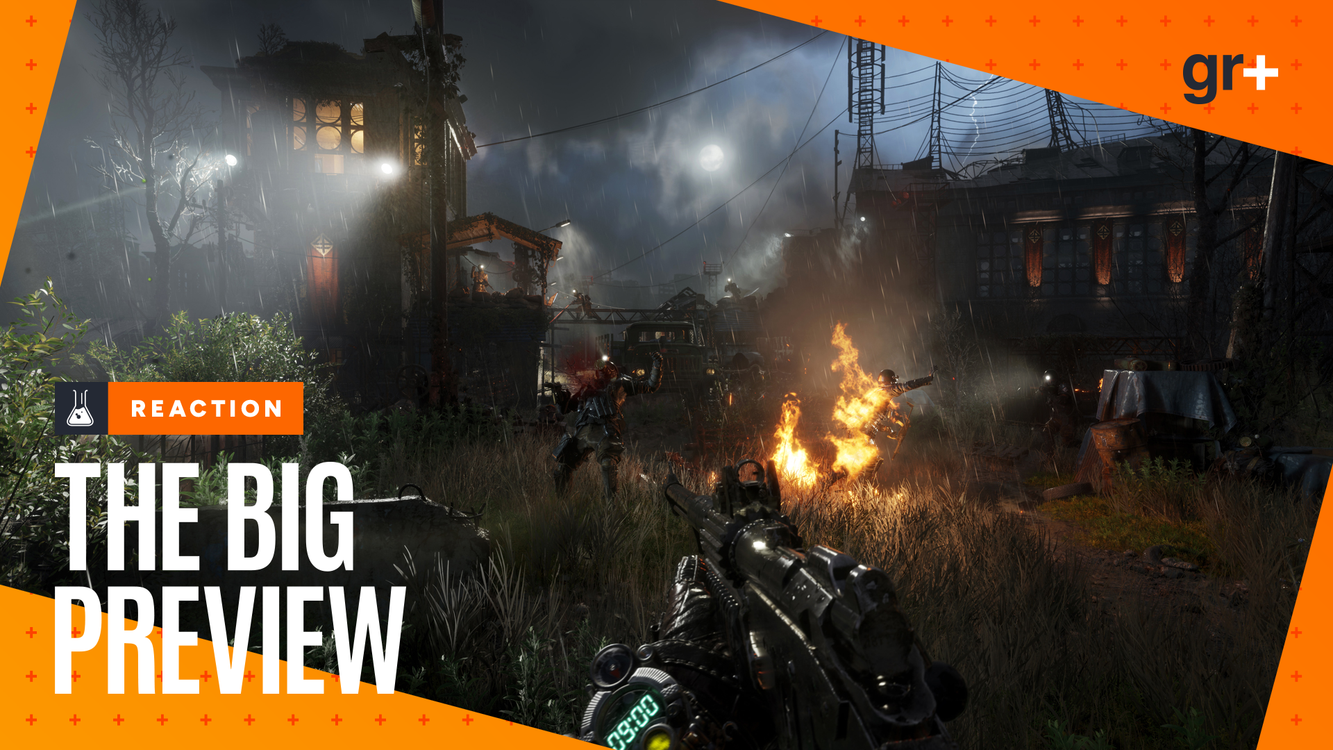 The player explores a spotlit compound at night in Metro 2039, with the orange GamesRadar+ Big Preview frame