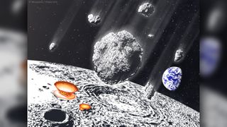 An artist's illustration shows how craters on the moon preserve evidence of its violent past.