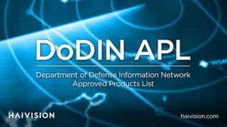 A digital security grid is in the background of Haivision and the DoDIN Approval logos. 