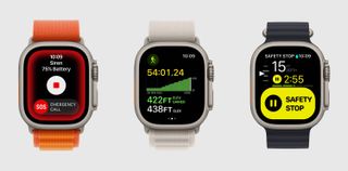 Three Apple Watch Ultra watches with different things on each screen.