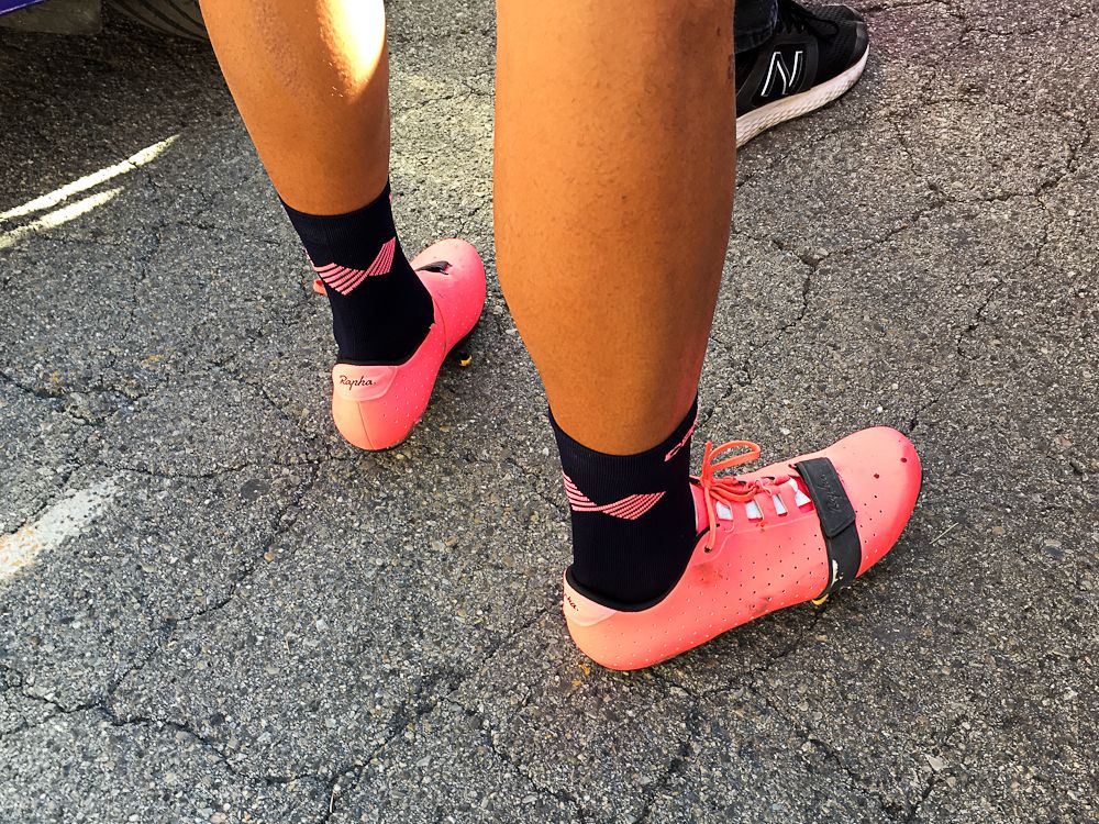 Lachlan Morton raced in what appears to be an updated and perhaps final version of Rapha&rsquo;s new still to be revealed road shoes