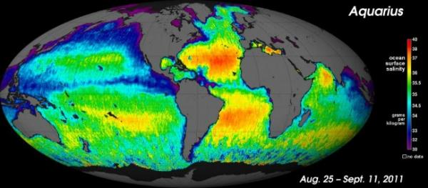 Map of salinity in ocean surface.