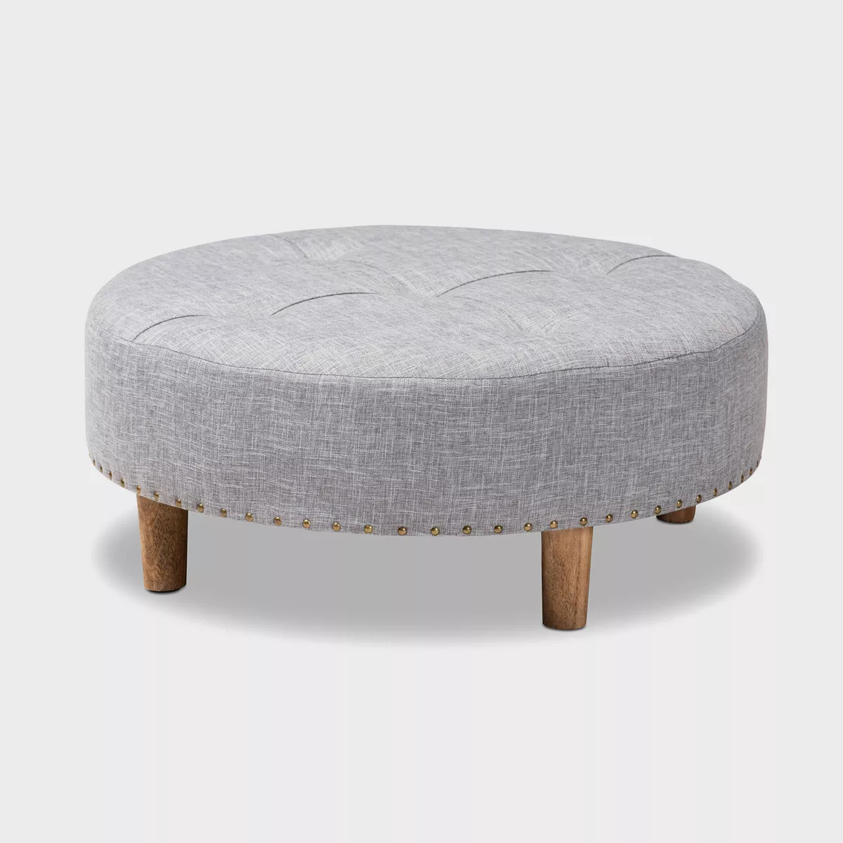 Baxton Studio Vinet Natural Wood Cocktail Ottoman Gray: Modern Upholstered Round Coffee Table, 250lb Capacity