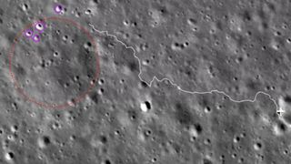 A map indicating Yutu 2's path (white), a large degraded crater (red) and craters of interest (purple).