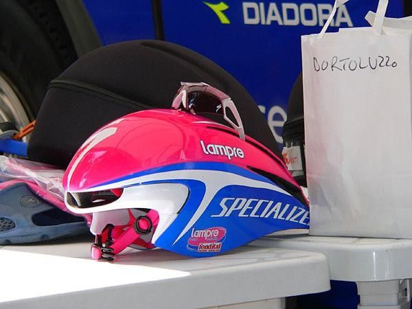 Specialized only supplies two teams with bikes, but several others with helmets, including this custom-finished model for Lampre.