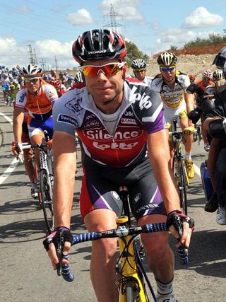 Cadel Evans (Silence-Lotto) rides in the final stage of the Vuelta, thinking of Worlds
