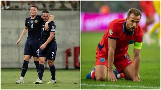 Scotland pair Scott McTominay and John McGinn celebrate against Cyprus as Harry Kane of England is disappointed at not finding the net against Ukraine
