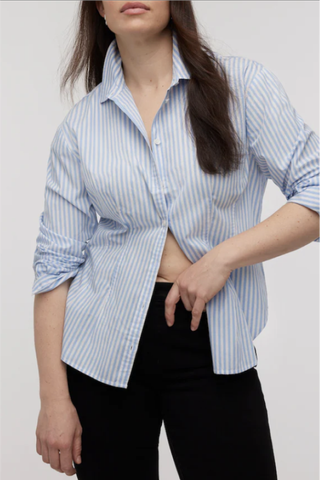 Darted Long-Sleeve Button-Up Shirt in Stripe Poplin