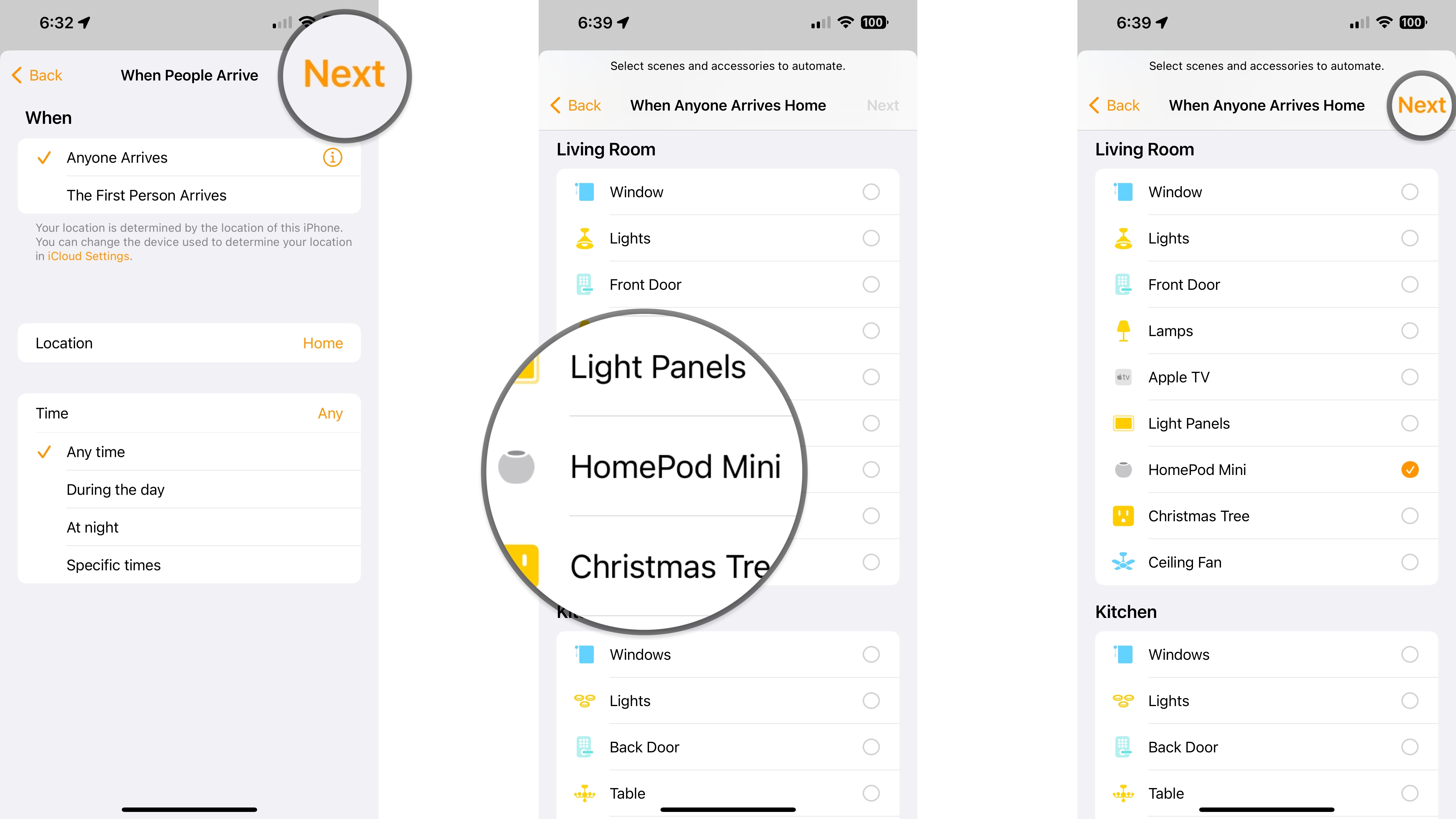 How to set up HomePod to play music when you arrive home on the iPhone by showing steps: Tap Next, Tap a HomePod, Tap Next.
