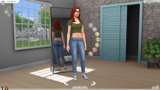 The Sims 4 - a sim in Create-A-Sim mode standing in a room with a brick wall and mirror and open closet door