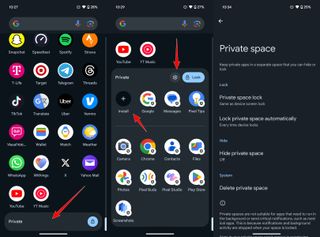 how to create private space for apps on your pixel - accessing private space and its settings, and installing apps