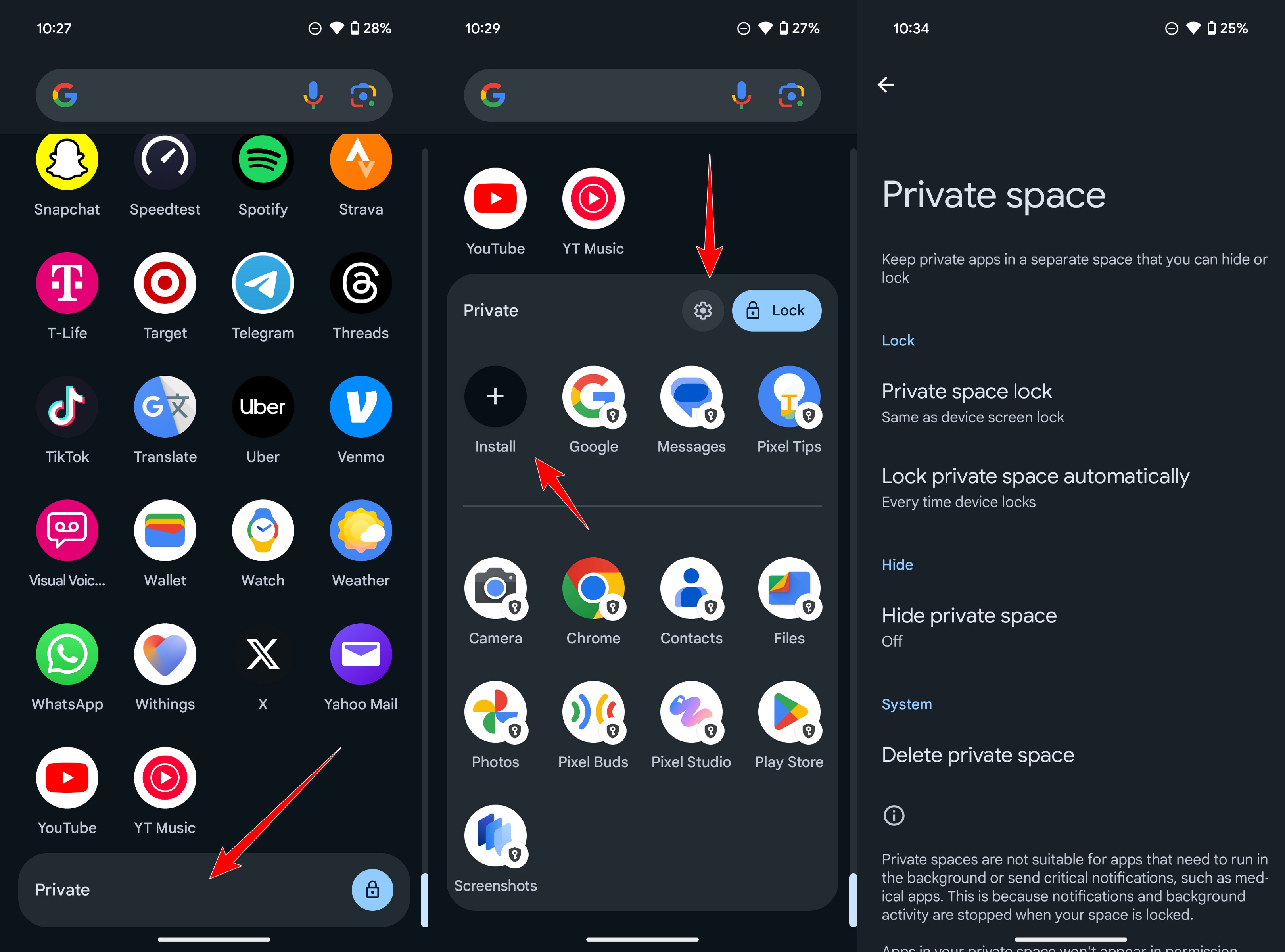 how to create private space for apps on your pixel - accessing private space and its settings, and installing apps