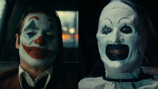 Side by side of Joaquin Phoenix's Joker in cab and Terrifier 3's Art the Clown 