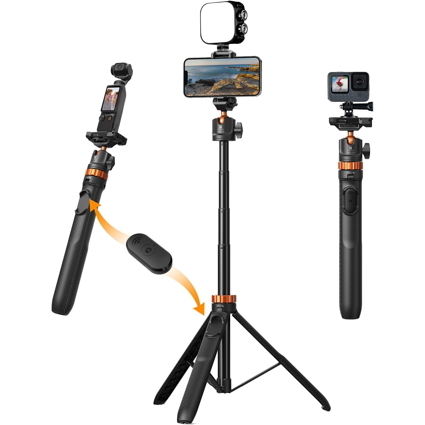 K&amp;amp;F Concept 62-inch 2-in-1 Selfie Stick Tripod mounted with various phones and cameras in a white square