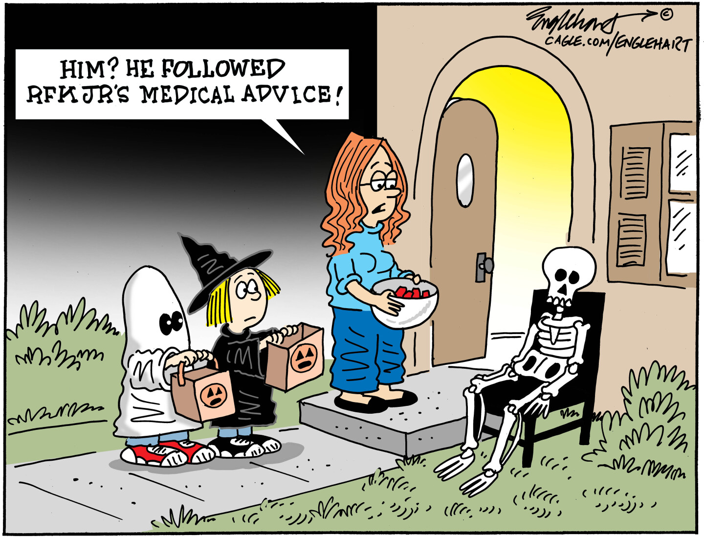 This cartoon depicts two kids trick-or-treating. They are dressed as a ghost and a witch and are about to get candy from a woman on her front step. There is a skeleton in a chair next to them. The woman looks at the skeleton and says, &amp;ldquo;Him? He followed RFK Jr&amp;rsquo;s medical advice!&amp;rdquo;