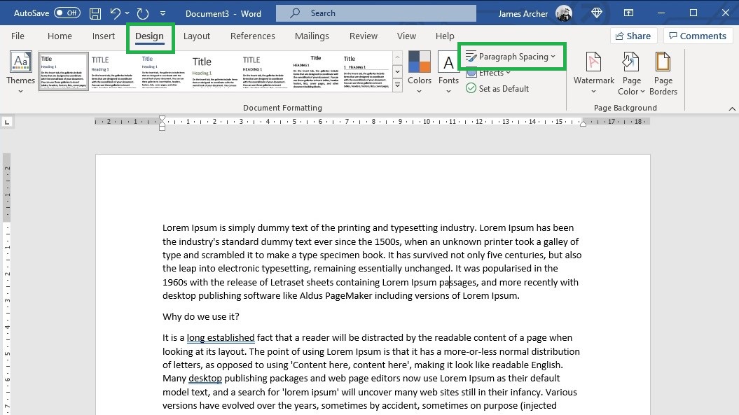 How to change line spacing in Word step 1: open the “Design” tab and click “Paragraph Spacing”