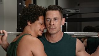 Marcus hugging and putting his face against Rudd while he's lifting weights in Little Brother