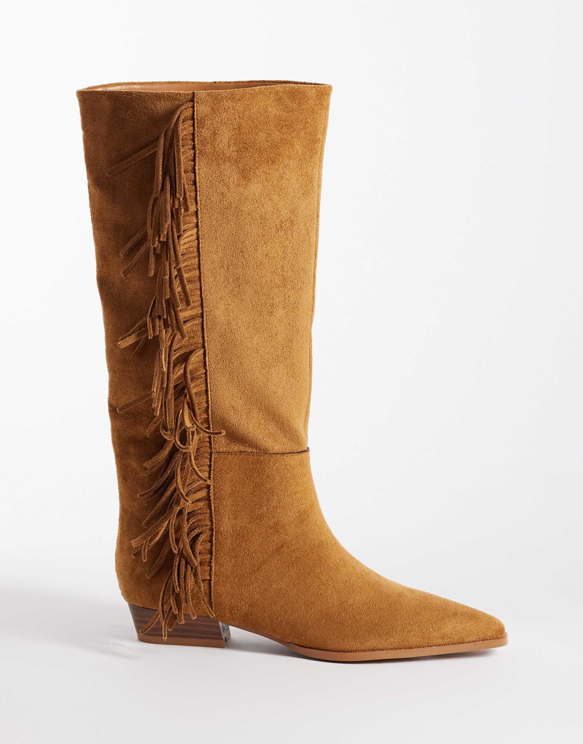 Asos Design Cressida Pull on Fringe Flat Knee Boots in Tan