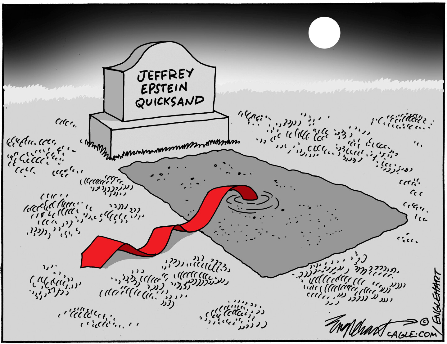 This image is set in a graveyard. A gravestone reads &amp;ldquo;Jeffrey Epstein Quickstand. A long, red necktie like one Donald Trump might wear is slowly sinking into the quicksand.