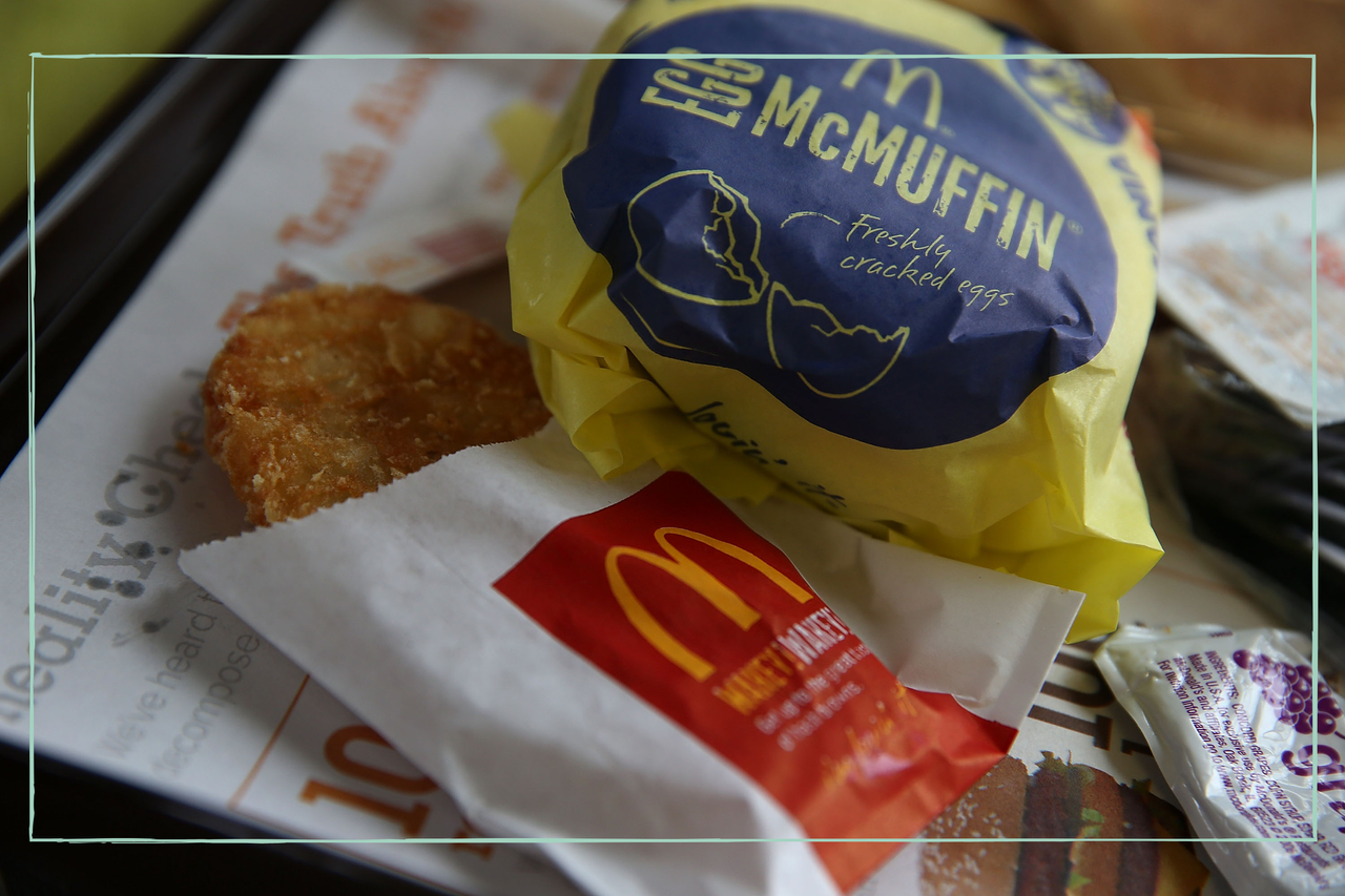 close up of a McDonalds Egg McMuffin and a Hash Brown on a tray