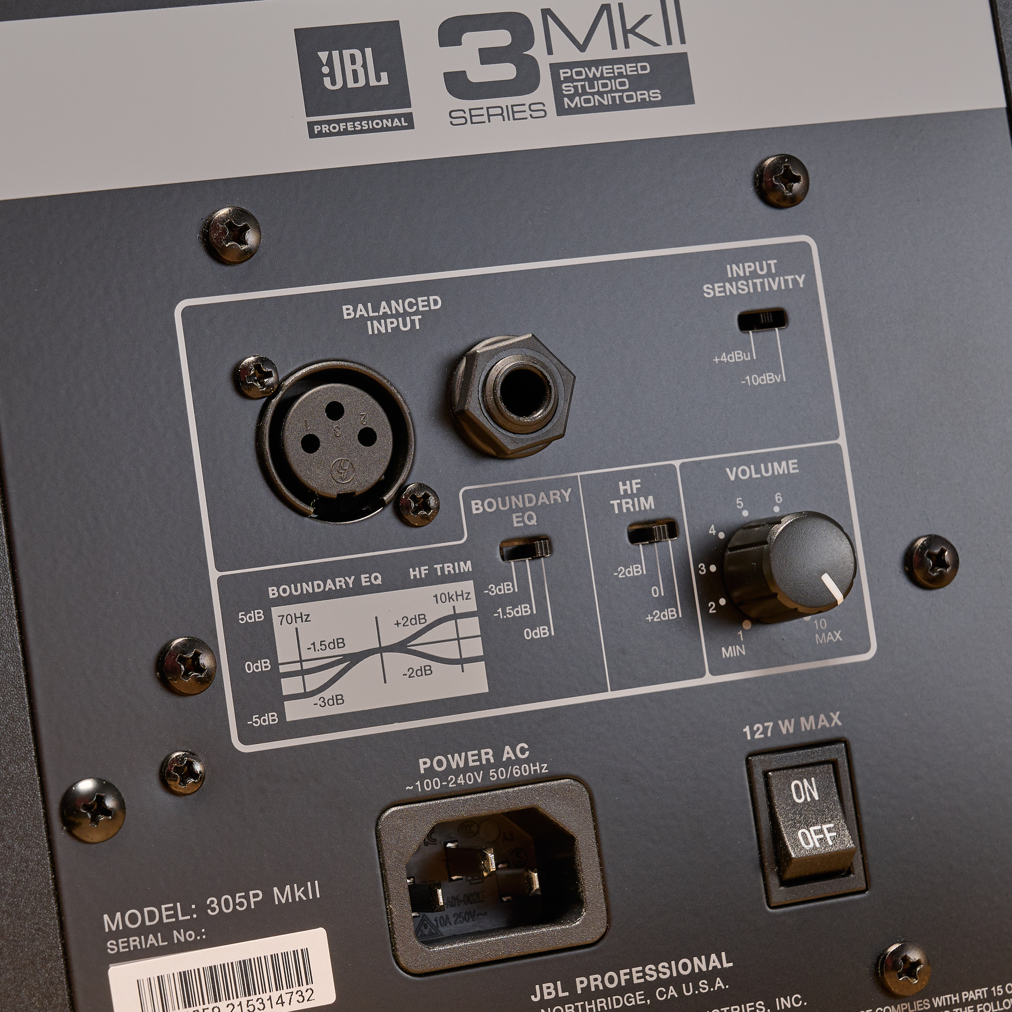 The back panel of the JBL 305P MKII studio monitor