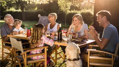 A happy family including grandparents, parents and children gathers around a table outside for a meal.