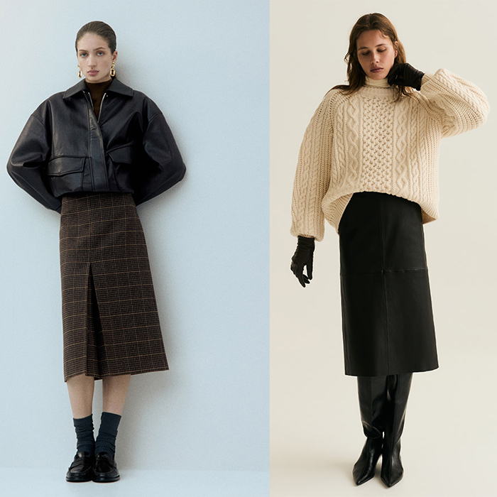 model wears leather jacket brown plaid pencil skirt, another model wears cream cable knit sweater black pencil skirt and boots, model wears black off the shoulder dress with metal hardware