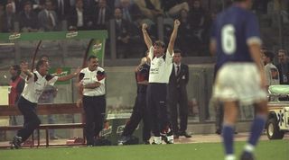 England manager Glenn Hoddle celebrates with his assistants after the 0-0 draw against Italy in Rome in 1997 which sealed qualification for the 1998 World Cup in France.