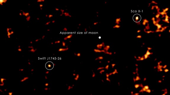 Swift J1745-26 with labels and scale of moon as it would appear in the field of view from Earth. This image is from September 18, 2012 when the source peaked in hard X-rays.
