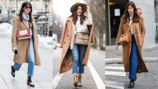 street style influencers wearing camel coat outfits with jeans