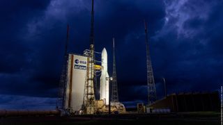 Europe's Ariane 5 rocket on a launch pad.