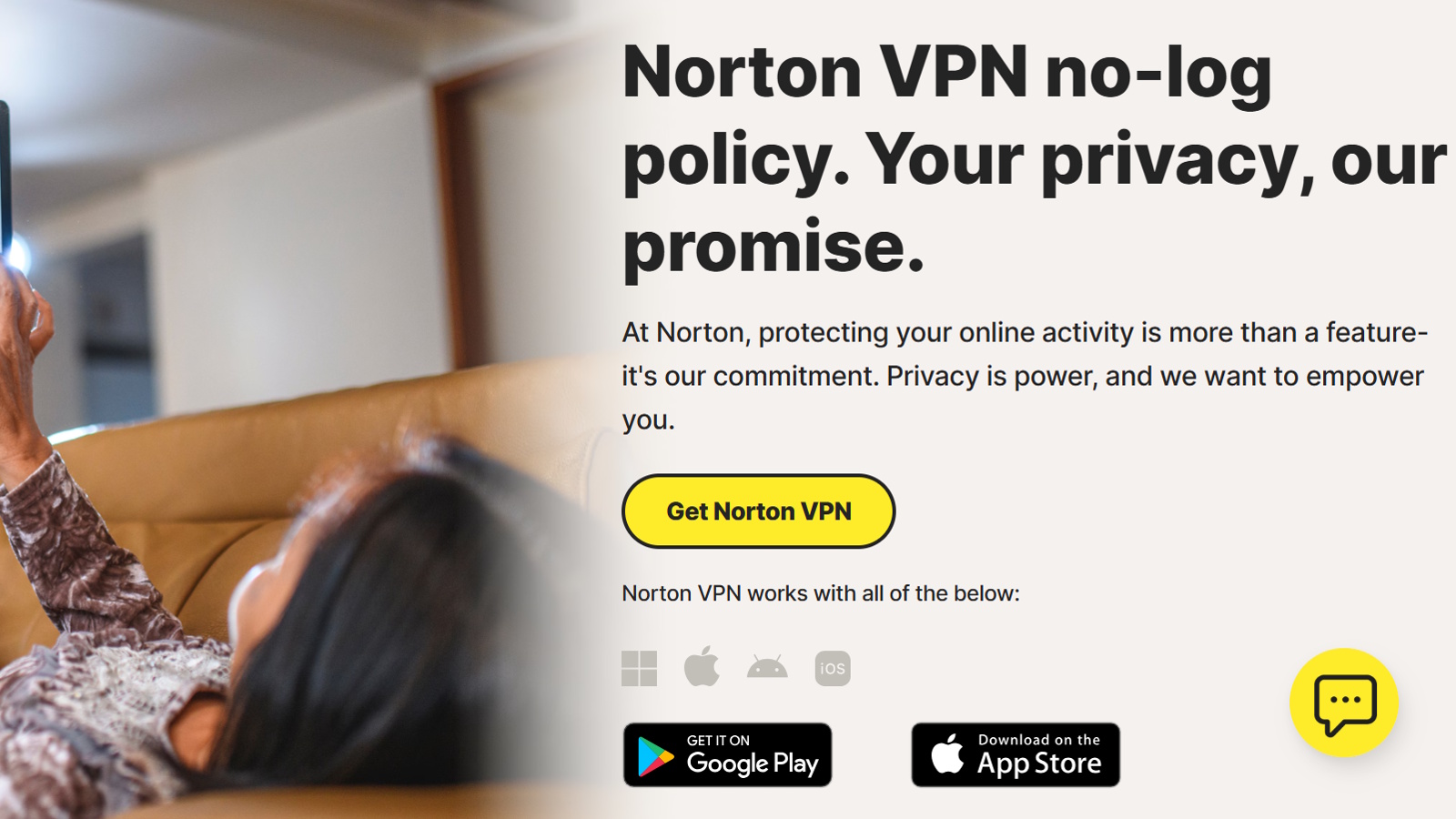 The landing screen for Norton VPN&#039;s log-policy information